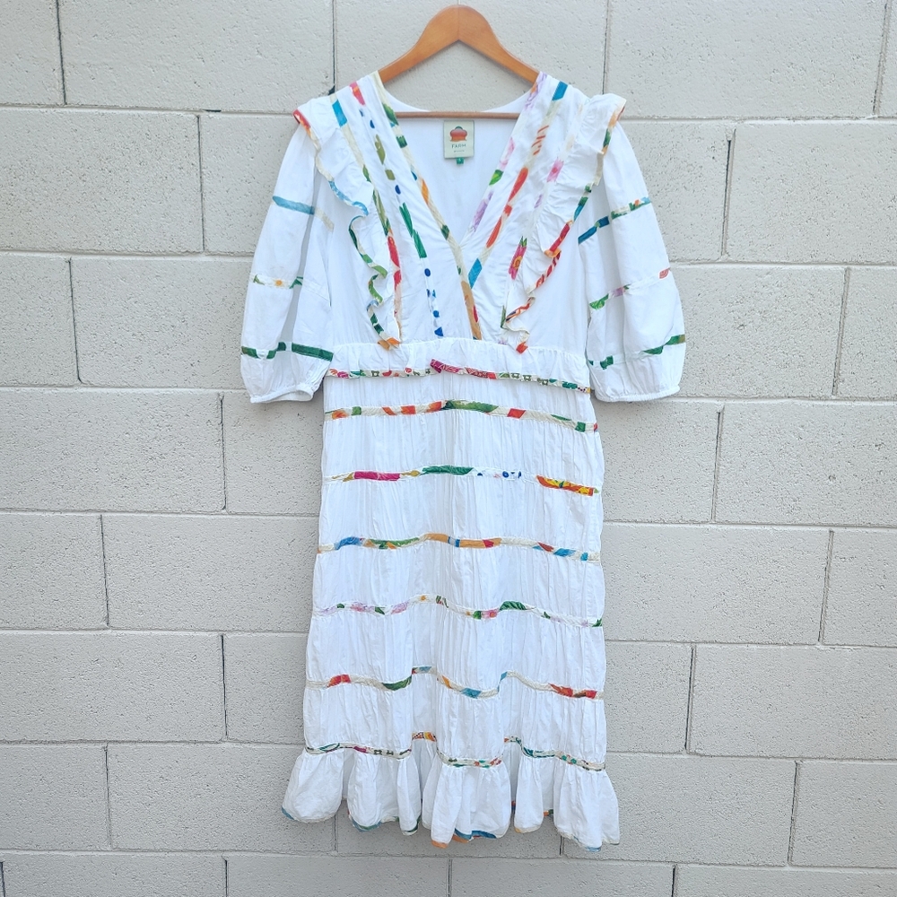Farm Rio | Mixed Off-White Prints Midi Tiered Dress White Rainbow Size Large - Picture 3 of 14